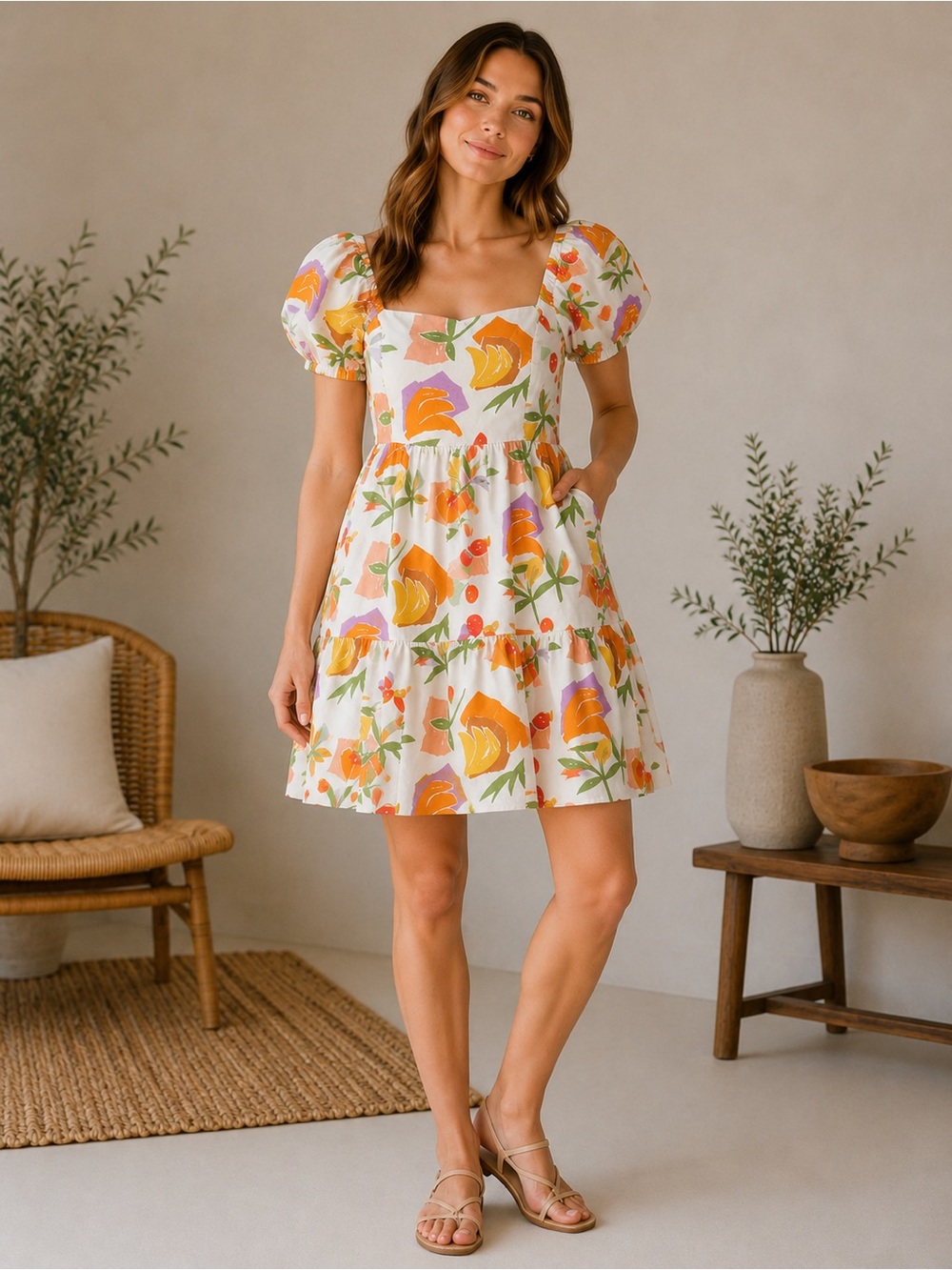 Fruit Print Puff Sleeve Tiered Mini Dress Size Medium